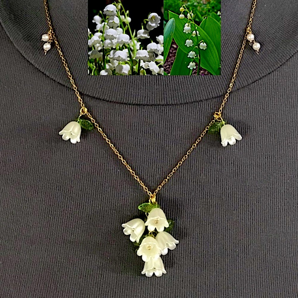 Lily of the Valley Dainty Gold and Pearl Handmade Necklace, Flowers